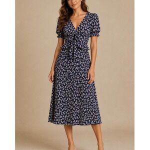 NWT Lulus Navy Blue Daisy Floral Cottagecore SS Modest Ruffle Midi Dress Small